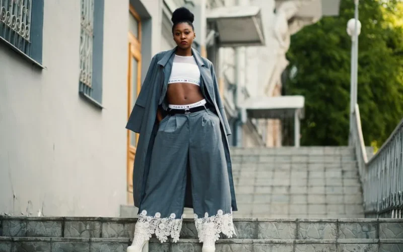 Stylish woman in modern coat and trousers posing confidently outside on a city staircase.