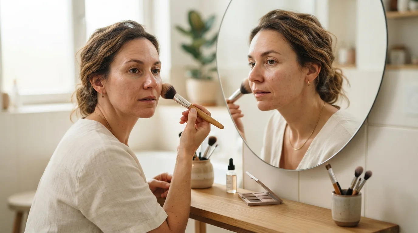 a woman applying makeup with a brush in front of a mirror