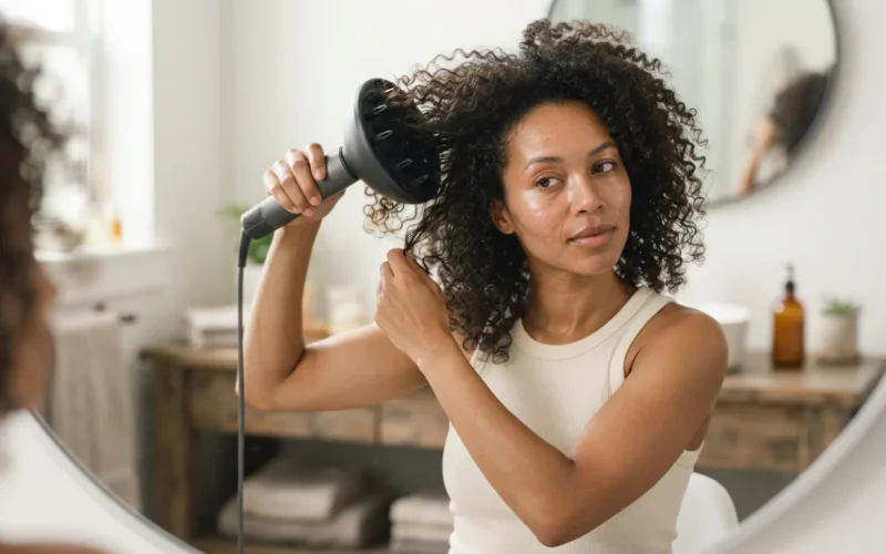a woman using a hair diffuser on her curly hair