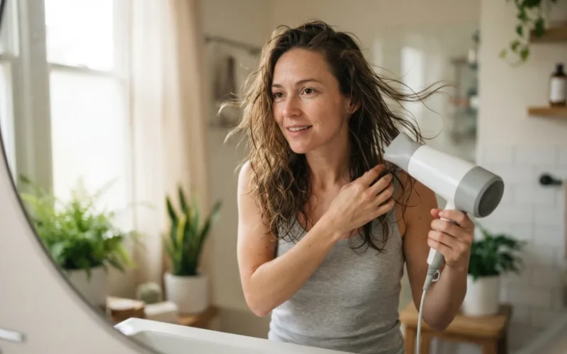 a woman drying her hair with a hair dryer