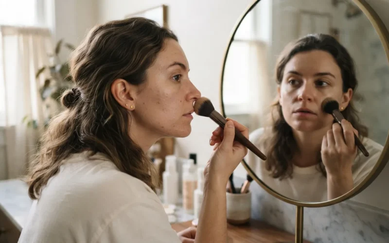 a woman applying foundation with a brush in front of a mirror