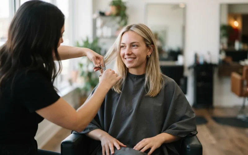 a woman with light blonde hair at a hair salon
