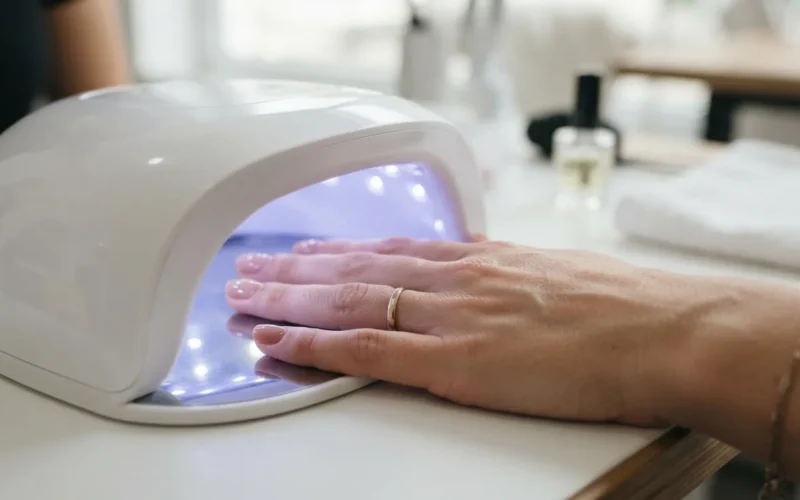 a woman's hand under a UV nail lamp