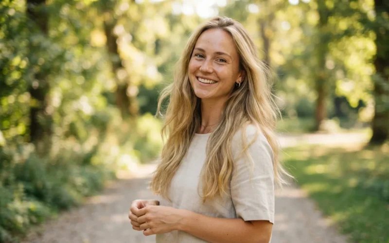 a woman with long blonde hair posing outdoors in summer
