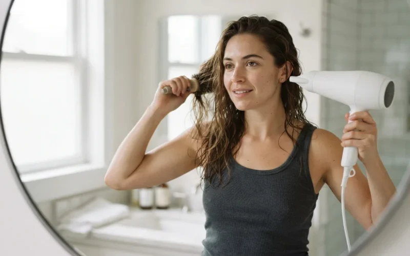 a woman blow-drying her hair in a bathroom