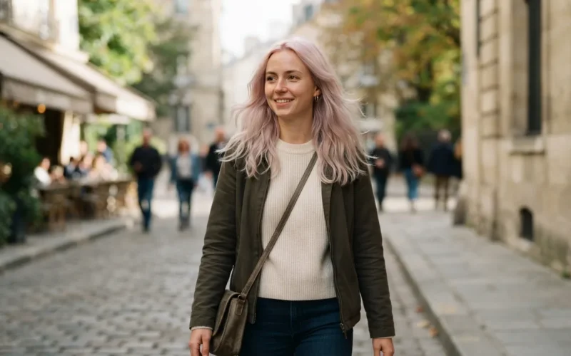 a woman with pastel blonde hair