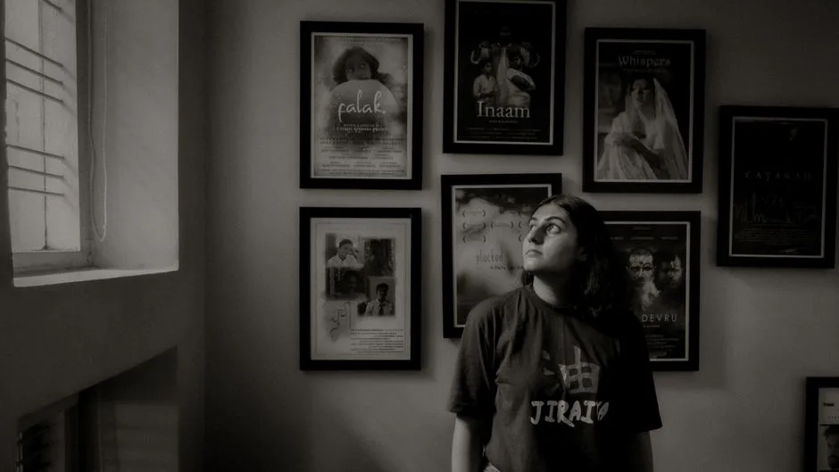 Black and white photo of a woman in an art gallery with framed portraits on the wall.