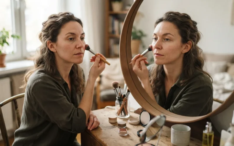 a woman applying makeup with a brush in front of a mirror