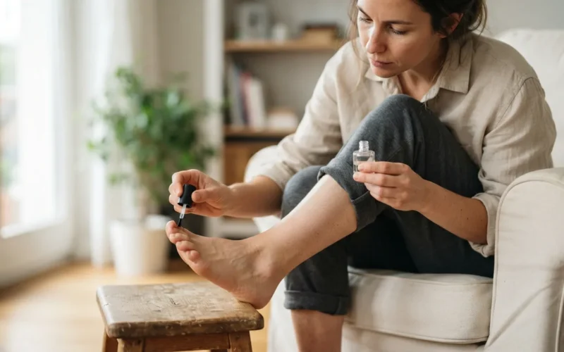 a person applying nail treatment to their foot