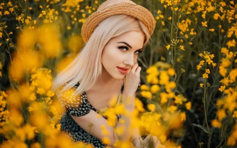 Blonde woman in straw hat posing gracefully in a yellow flower meadow.