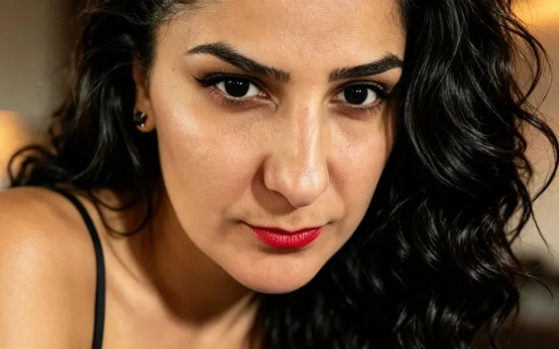 Intense close-up portrait of a woman with curly hair and bold makeup indoors.