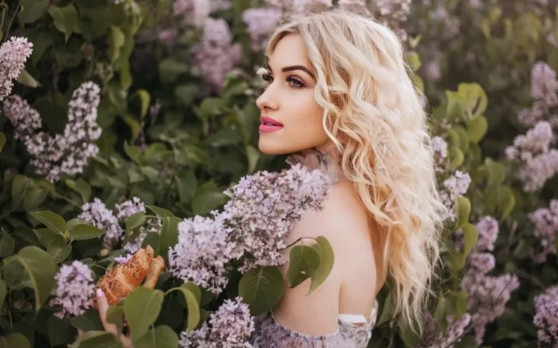 Elegant portrait of a blonde woman amidst blooming lilacs, highlighting spring beauty.